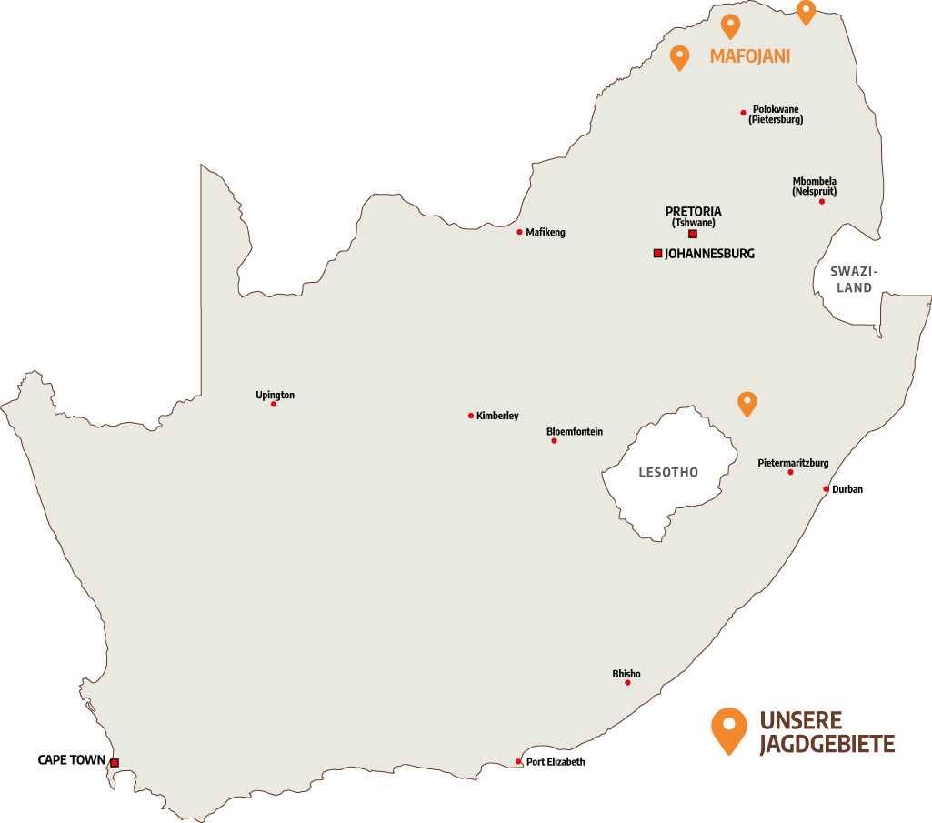 Landkarte Jagdreisen Südafrika